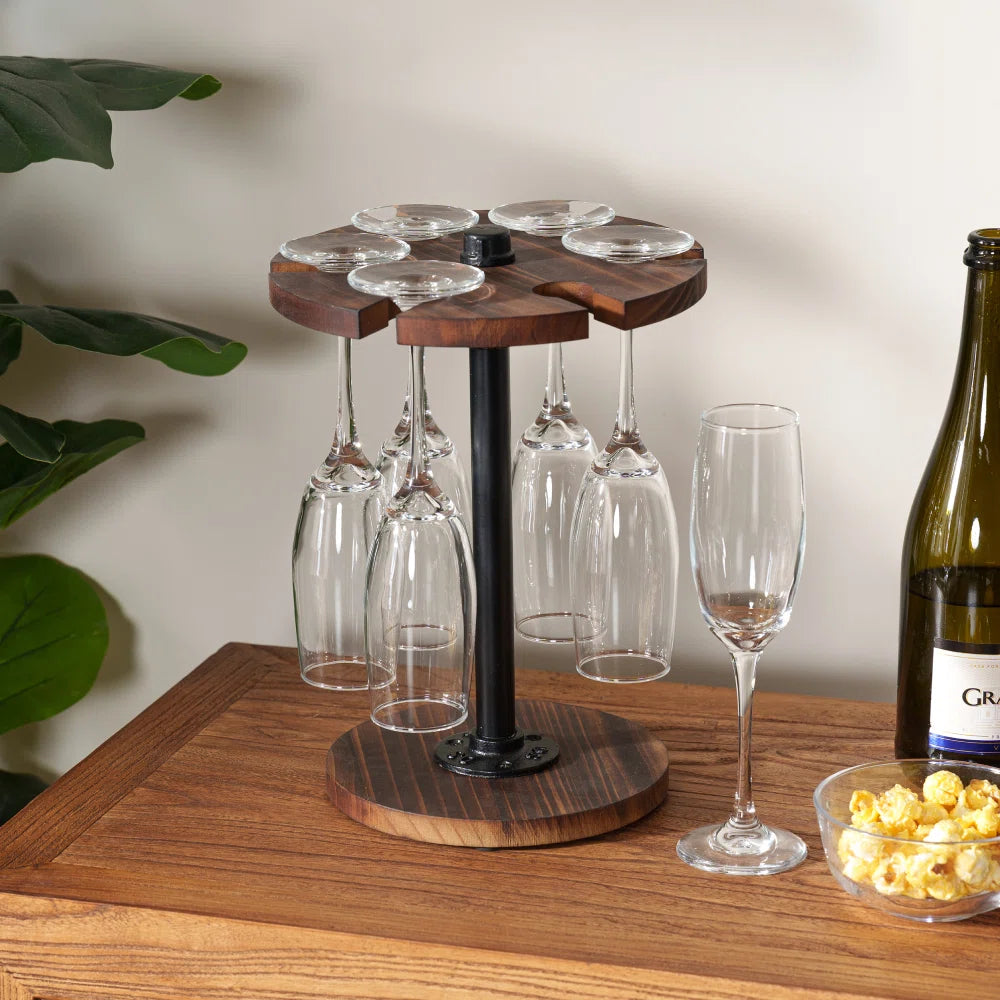 Adouer Wood "Elegant Wooden Wine Glass Stand with Metal Support - Holds 6 Glasses"