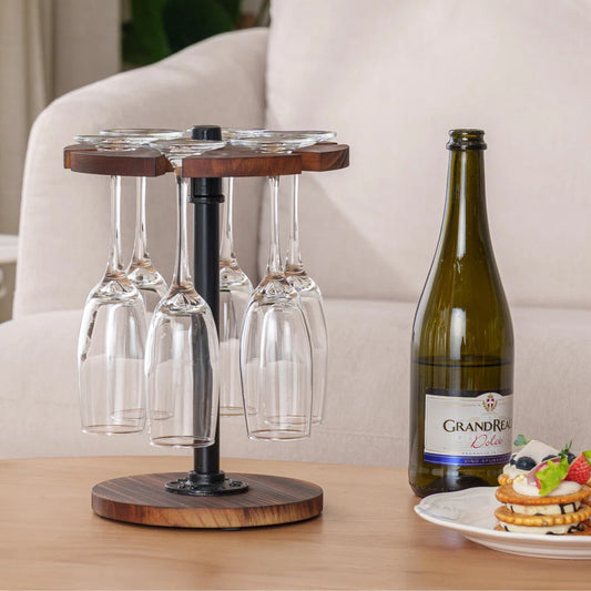 Adouer Wood "Elegant Wooden Wine Glass Stand with Metal Support - Holds 6 Glasses"