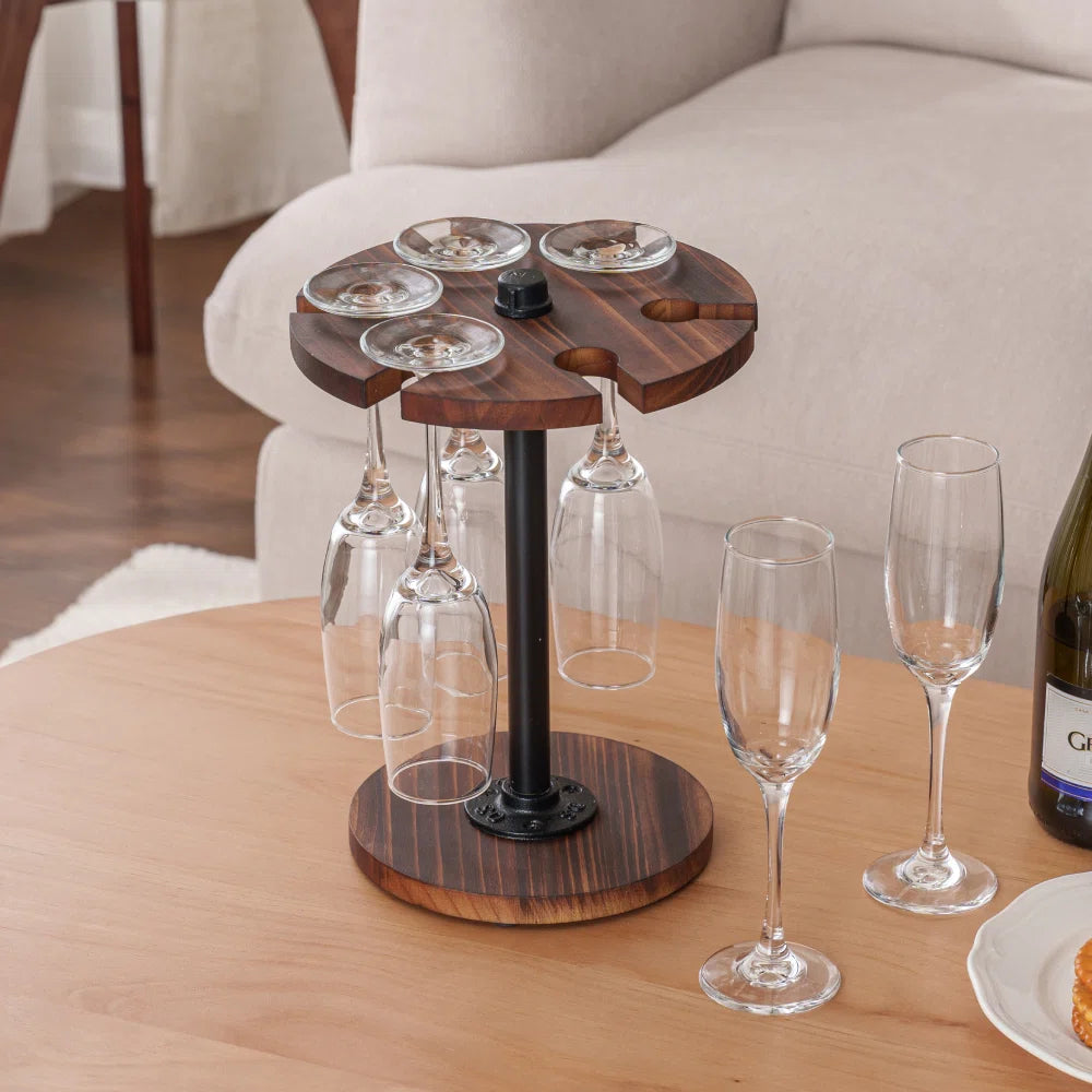 Adouer Wood "Elegant Wooden Wine Glass Stand with Metal Support - Holds 6 Glasses"