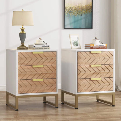 ADOUER WOOD "Modern Chevron Pattern 3-Drawer Bedside Table with Gold Accents"