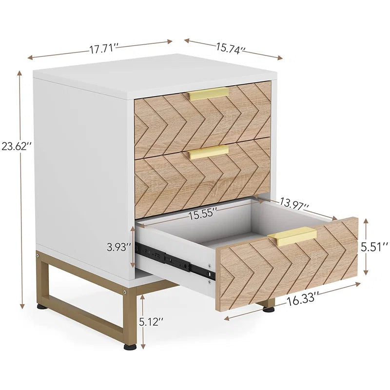 ADOUER WOOD "Modern Chevron Pattern 3-Drawer Bedside Table with Gold Accents"