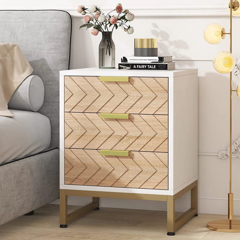 ADOUER WOOD "Modern Chevron Pattern 3-Drawer Bedside Table with Gold Accents"