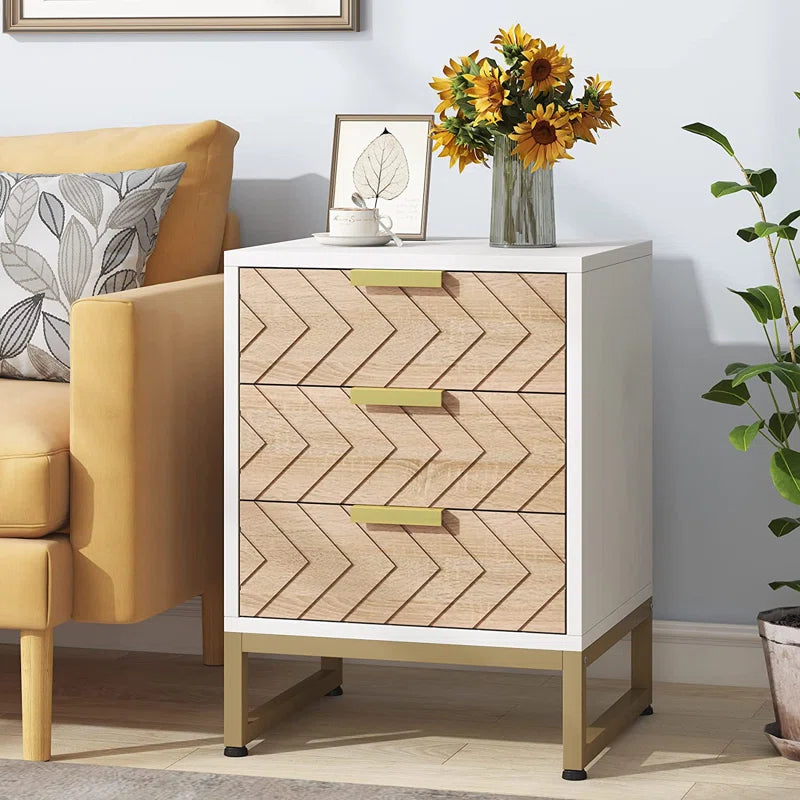 ADOUER WOOD "Modern Chevron Pattern 3-Drawer Bedside Table with Gold Accents"