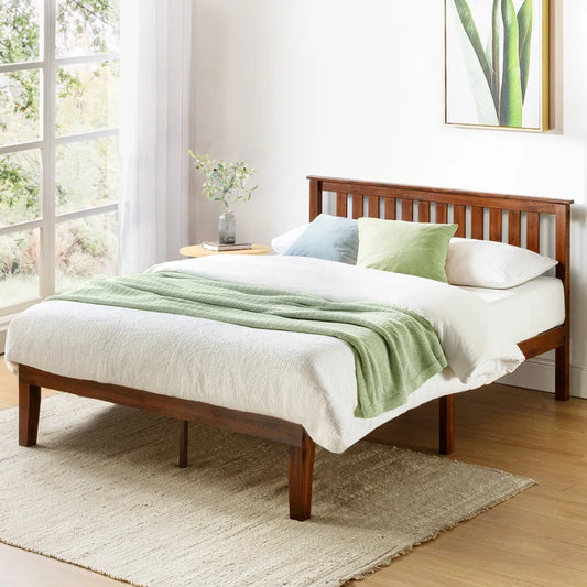 Adouer Wood "Solid Sheesham Wood Slat Bed with Minimalist Headboard – Natural Honey Finish"