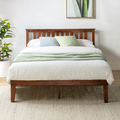 Adouer Wood "Solid Sheesham Wood Slat Bed with Minimalist Headboard – Natural Honey Finish"