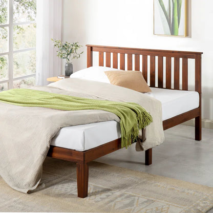 Adouer Wood "Solid Sheesham Wood Slat Bed with Minimalist Headboard – Natural Honey Finish"