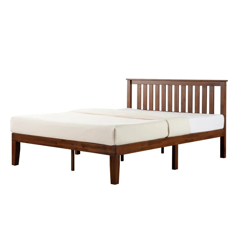 Adouer Wood "Solid Sheesham Wood Slat Bed with Minimalist Headboard – Natural Honey Finish"