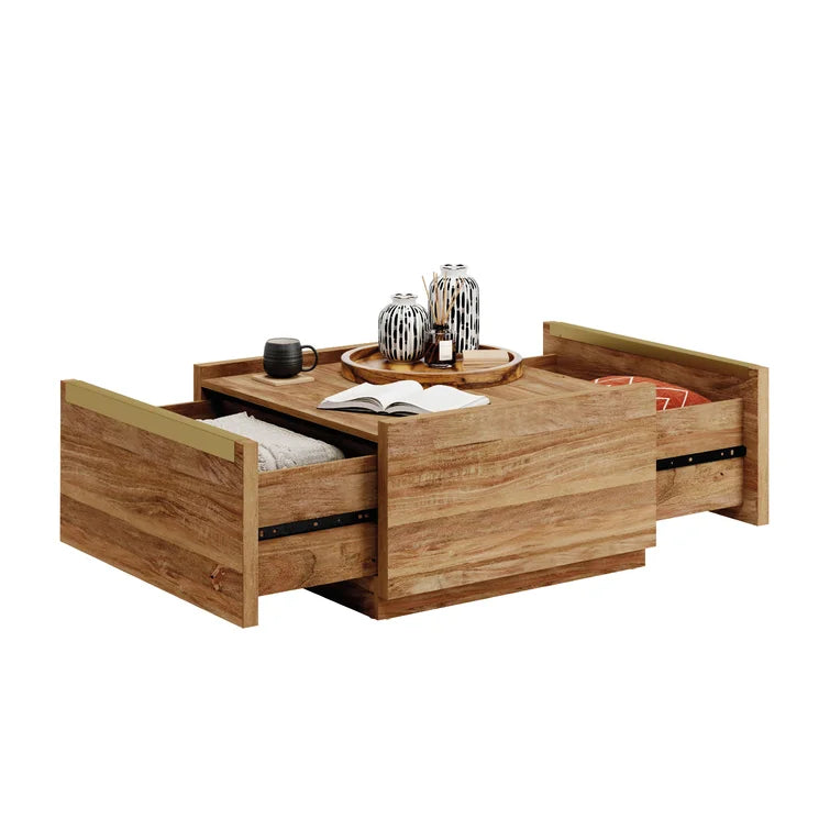 ADOUER WOOD Solid Acacia Wood Square Coffee Table With Drawers