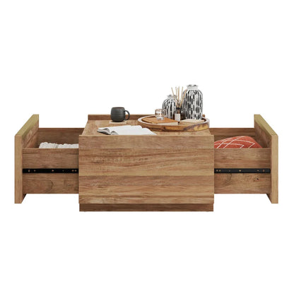 ADOUER WOOD Solid Acacia Wood Square Coffee Table With Drawers