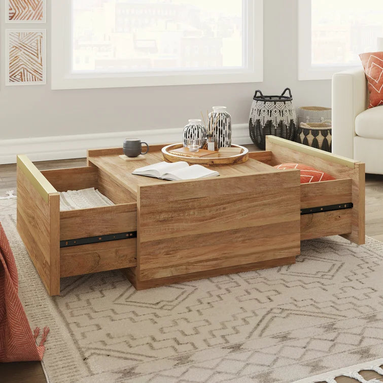 ADOUER WOOD Solid Acacia Wood Square Coffee Table With Drawers