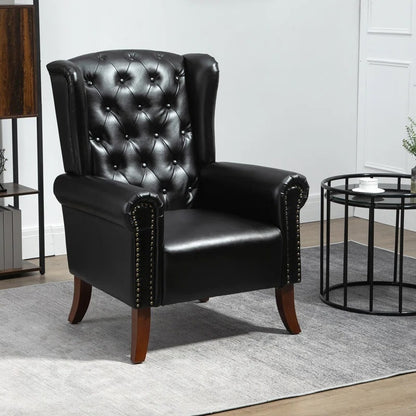 ADOUER WOOD Solid Wood Leg & Frame With Tufted  Leatherette Fabric Wingback Chair