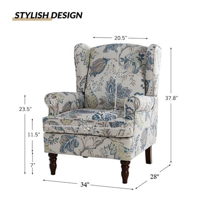 ADOUER WOOD Solid Wood Leg & Frame With Floral Printed Velvet Fabric Wingback Chair