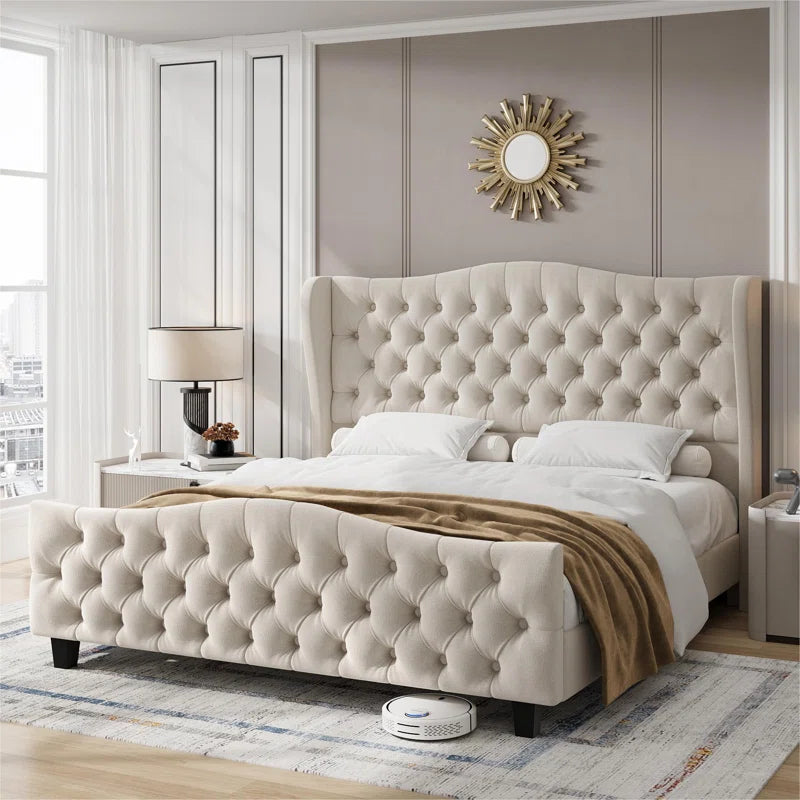 ADOUER WOOD Upholstered Handmade Tufted Royal Bed Frame with Velvet Headboard, Wing-Back, Without Storage