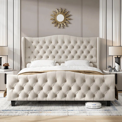 ADOUER WOOD Upholstered Handmade Tufted Royal Bed Frame with Velvet Headboard, Wing-Back, Without Storage