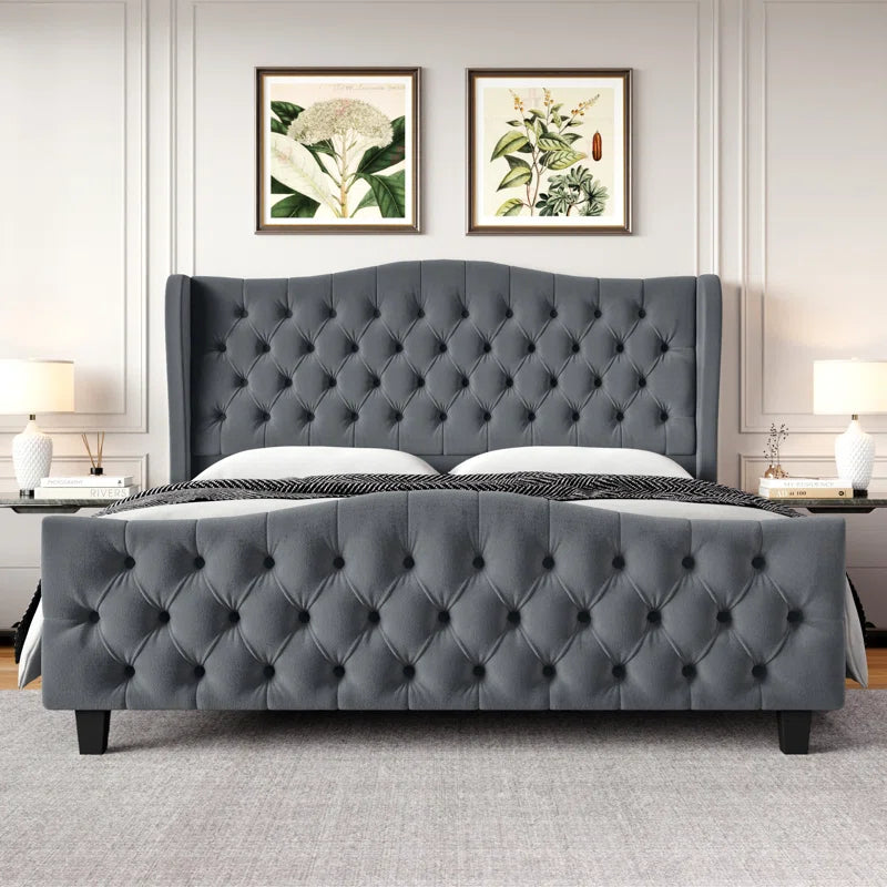 ADOUER WOOD Upholstered Handmade Tufted Royal Bed Frame with Velvet Headboard, Wing-Back, Without Storage