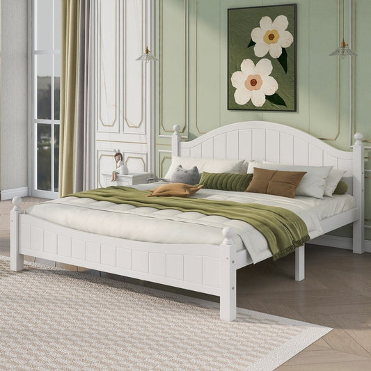 Adouer Wood "Elegant White Solid Sheesham Wooden Bed Frame with Arched Headboard and Classic Finials"