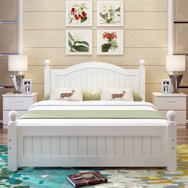 Adouer Wood "Elegant White Solid Sheesham Wooden Bed with Arched Headboard and Classic Finials"