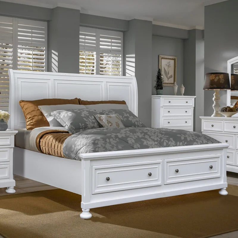 ADOUER WOOD Solid Sheesham Wood Classic Bed With Footboard Storage Drawer–White Finish