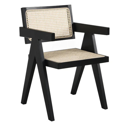 ADOUER WOOD "Mid-Century Modern Black Wooden Armchair with Woven Cane Backrest and Seat"