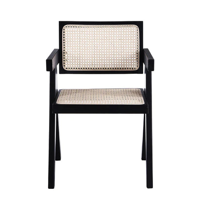 ADOUER WOOD "Mid-Century Modern Black Wooden Armchair with Woven Cane Backrest and Seat"