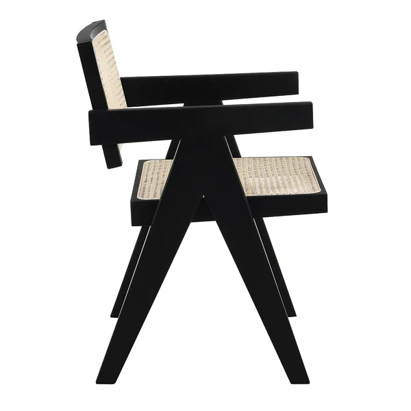 ADOUER WOOD "Mid-Century Modern Black Wooden Armchair with Woven Cane Backrest and Seat"