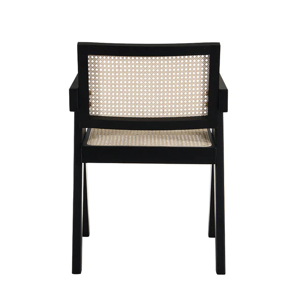 ADOUER WOOD "Mid-Century Modern Black Wooden Armchair with Woven Cane Backrest and Seat"