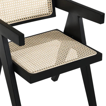 ADOUER WOOD "Mid-Century Modern Black Wooden Armchair with Woven Cane Backrest and Seat"