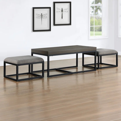 ADOUER WOOD Solid Sheesham Wood Rectangle Top And Metal Frame Coffee Table With 2 Setting Stool