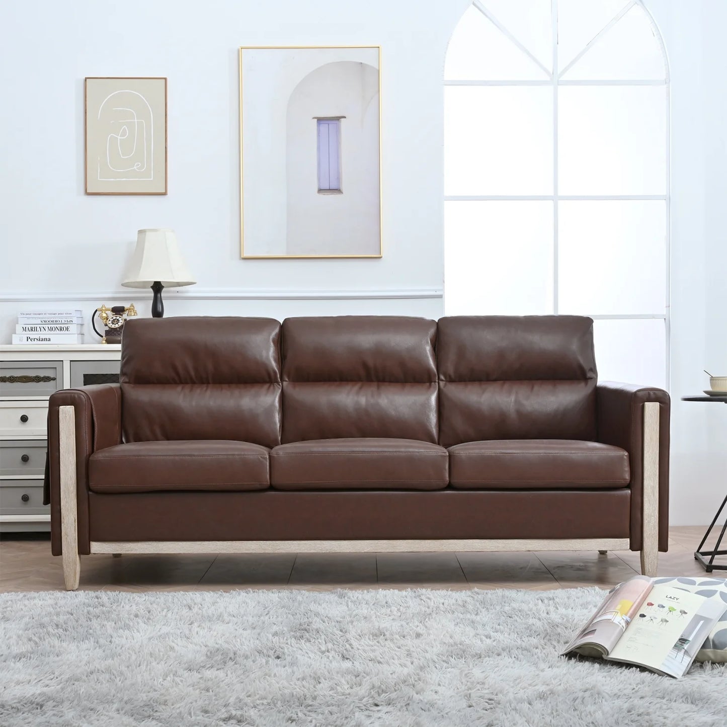 ADOUER WOOD Luxurious Acacia Wood Frame 3 Seater Brown Leatherette Fabric Sofa