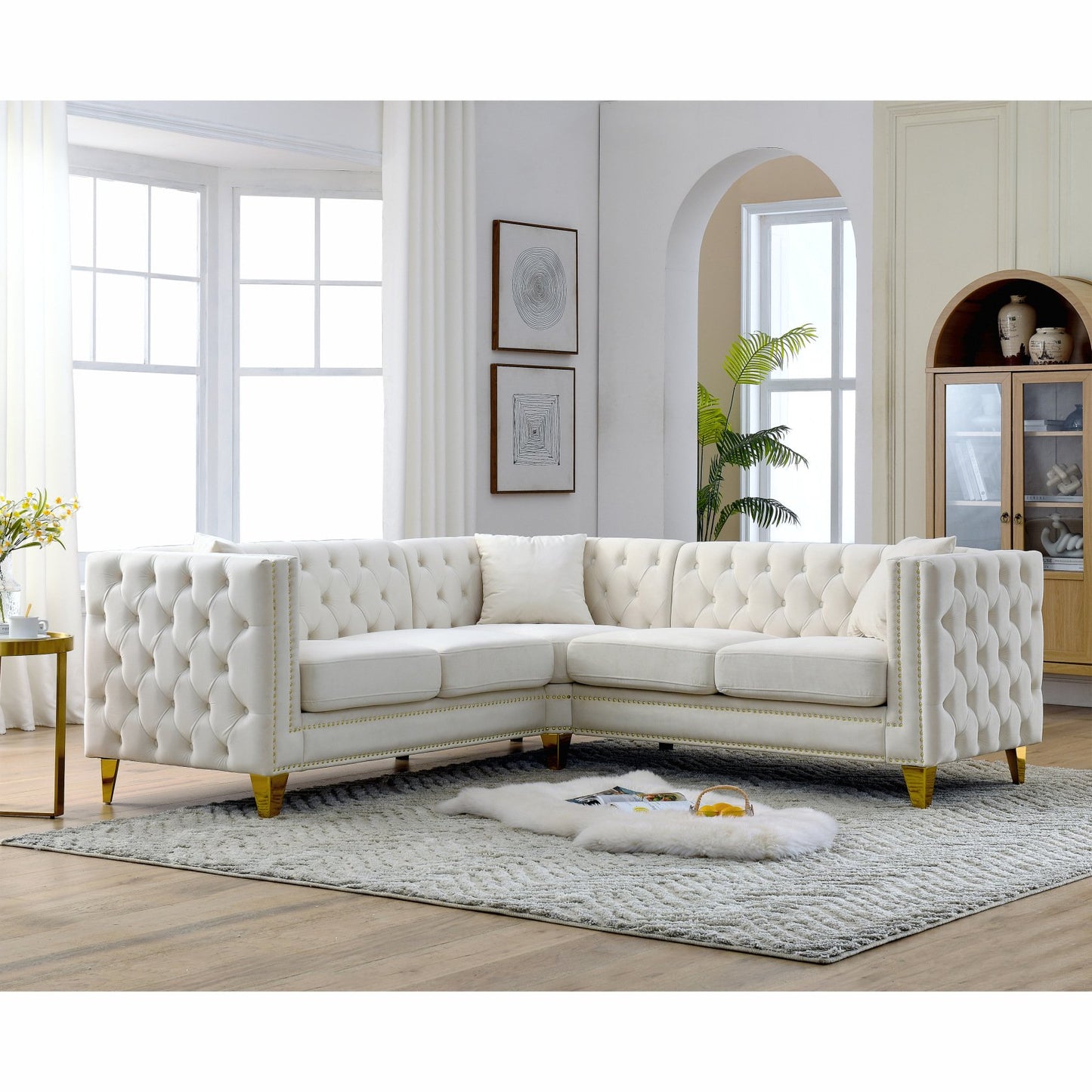 ADOUER WOOD Solid Wood Frame  5 Seater L - Shape Tufted Backrest Fabric Corner Sofa