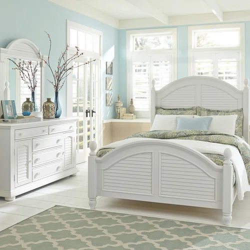 Adouer Wood "Coastal White Solid Sheesham Wood Bed with Arched Headboard and Shutter Detailing"