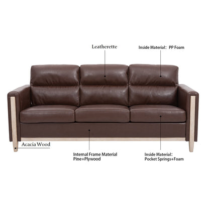 ADOUER WOOD Luxurious Acacia Wood Frame 3 Seater Brown Leatherette Fabric Sofa