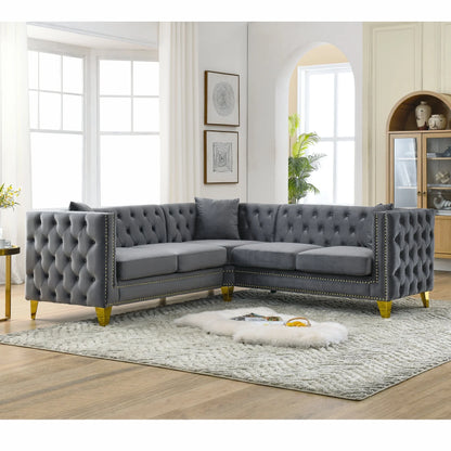 ADOUER WOOD Solid Wood Frame  5 Seater L - Shape Tufted Backrest Fabric Corner Sofa