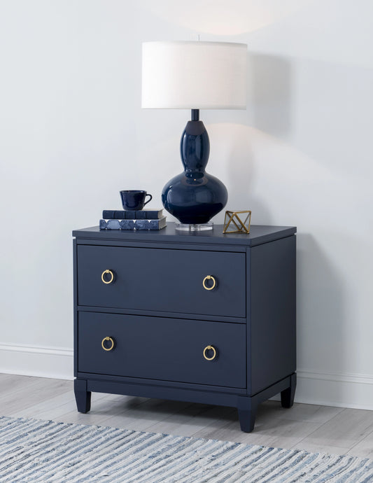 ADOUER WOOD Navy Blue Two-Drawer Bedside Table with Gold Ring Pulls