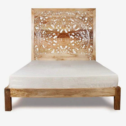 Adouer Wood "Luxuries Hand-Carved Solid Sheesham Wooden Bed Frame with Intricate Floral Design"