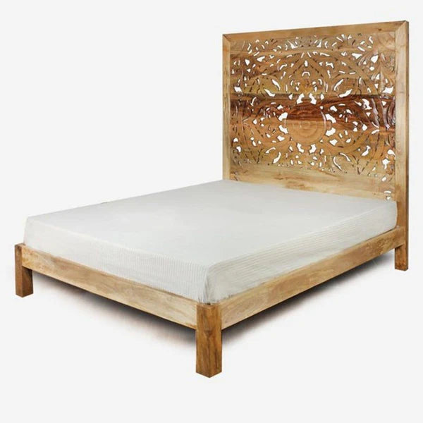 Adouer Wood "Luxuries Hand-Carved Solid Sheesham Wooden Bed Frame with Intricate Floral Design"