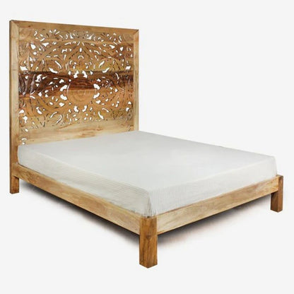 Adouer Wood "Luxuries Hand-Carved Solid Sheesham Wooden Bed Frame with Intricate Floral Design"