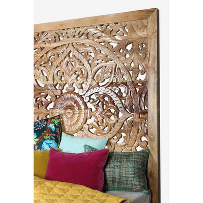 Adouer Wood "Luxuries Hand-Carved Solid Sheesham Wooden Bed Frame with Intricate Floral Design"