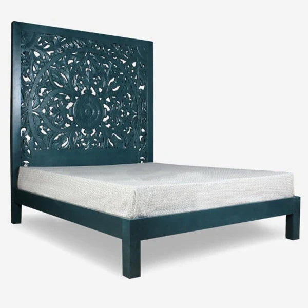 Adouer Wood "Luxuries Hand-Carved Solid Sheesham Wooden Bed Frame with Intricate Floral Design"