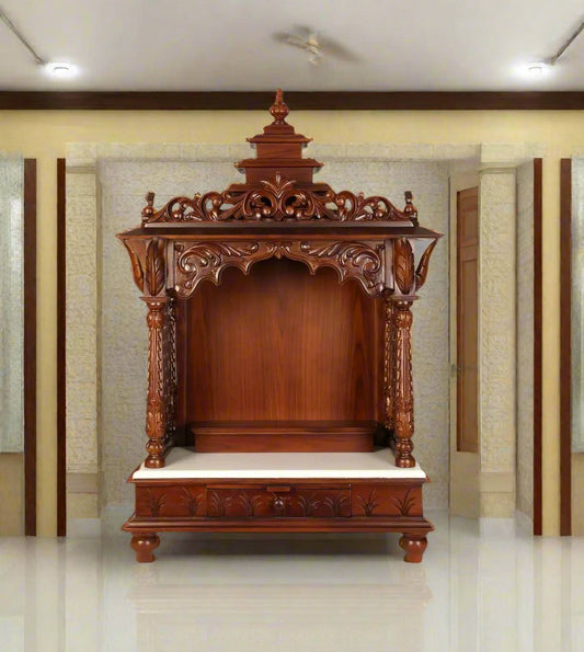 ADOUER WOOD 54'' Luxuries Teak Wood & Marble Hand Carved Pooja Mandir With One Drawer (Mahogany)