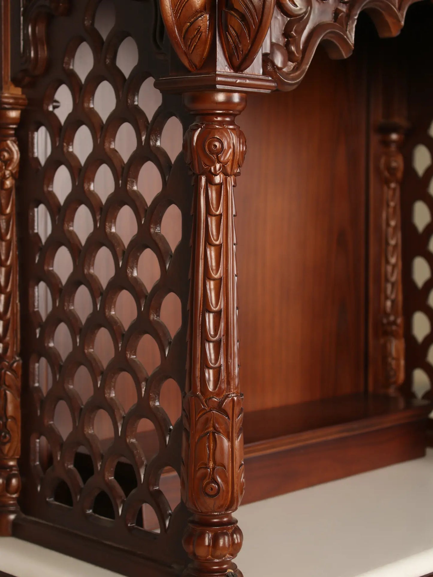 ADOUER WOOD 54'' Luxuries Teak Wood & Marble Hand Carved Pooja Mandir With One Drawer (Mahogany)