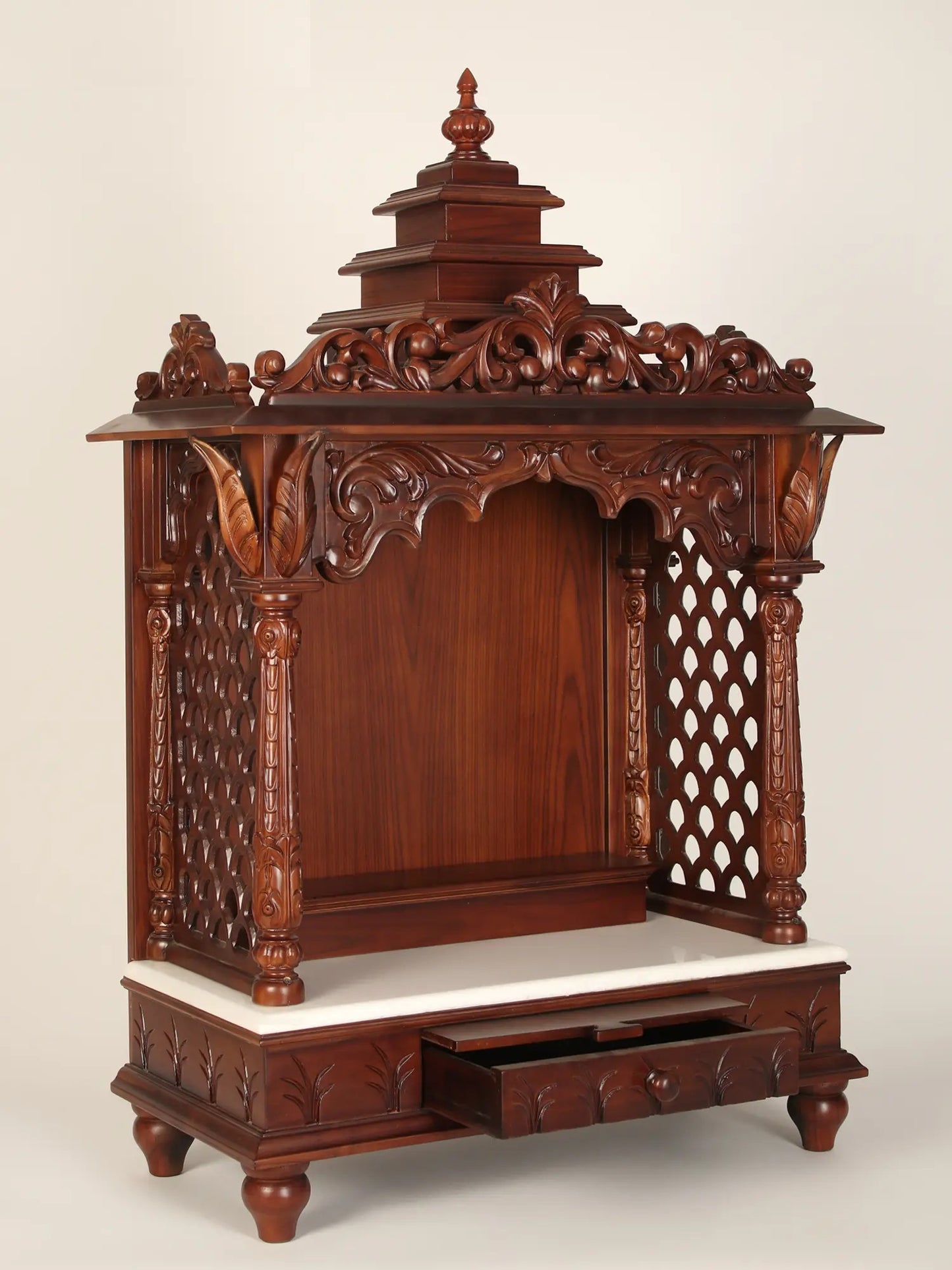 ADOUER WOOD 54'' Luxuries Teak Wood & Marble Hand Carved Pooja Mandir With One Drawer (Mahogany)