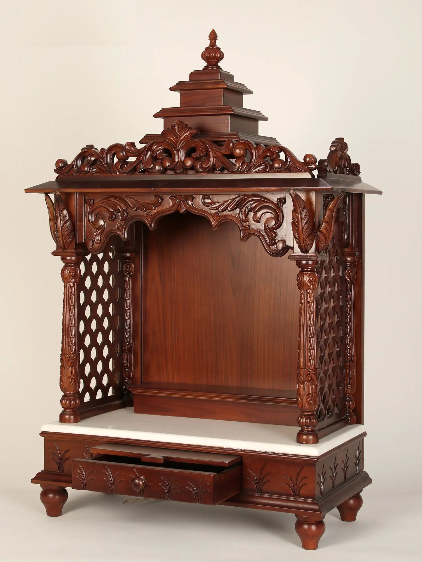 ADOUER WOOD 54'' Luxuries Teak Wood & Marble Hand Carved Pooja Mandir With One Drawer (Mahogany)