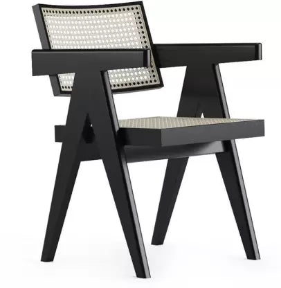 ADOUER WOOD "Mid-Century Modern Black Wooden Armchair with Woven Cane Backrest and Seat"