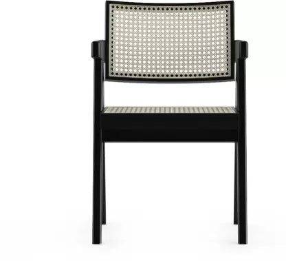 ADOUER WOOD "Mid-Century Modern Black Wooden Armchair with Woven Cane Backrest and Seat"