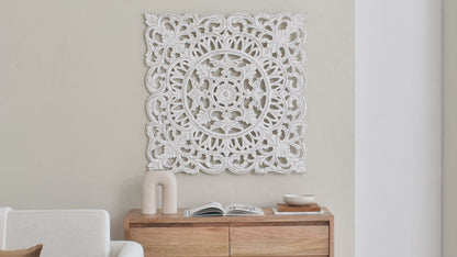 ADOUER WOOD Luxuries Solid Wood Hand Carved  Wall Art For Home & Office (White Distressed)