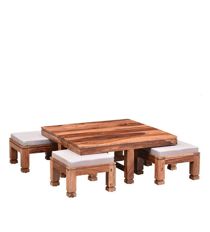 ADOUER WOOD Solid Sheesham Wood Coffee Table Set With 4 Setting Stool (Natural Finish)