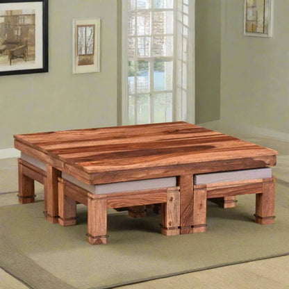 ADOUER WOOD Solid Sheesham Wood Coffee Table Set With 4 Setting Stool (Natural Finish)