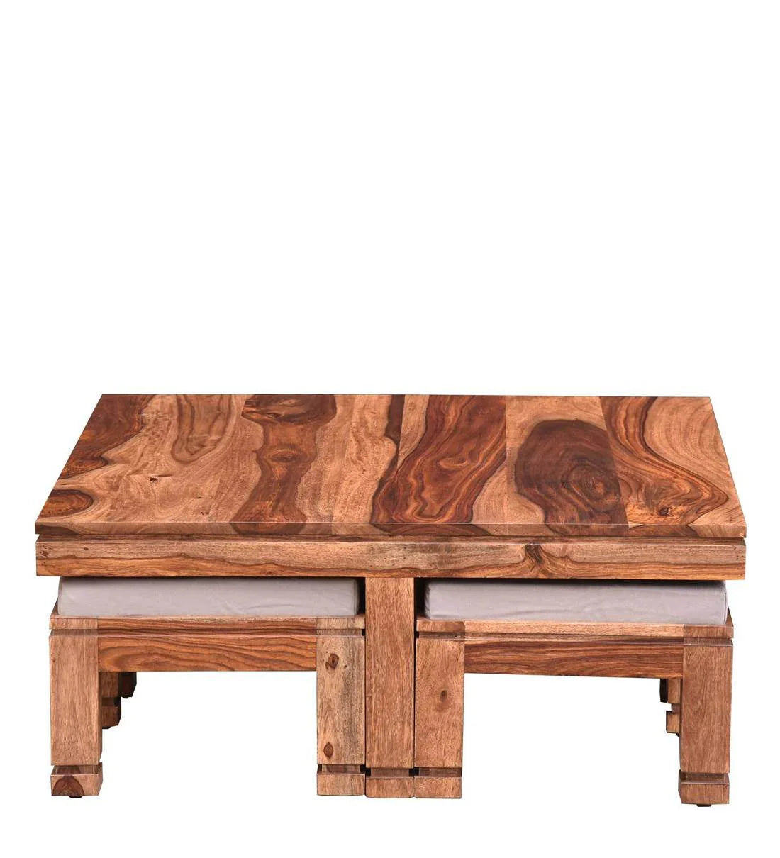 ADOUER WOOD Solid Sheesham Wood Coffee Table Set With 4 Setting Stool (Natural Finish)