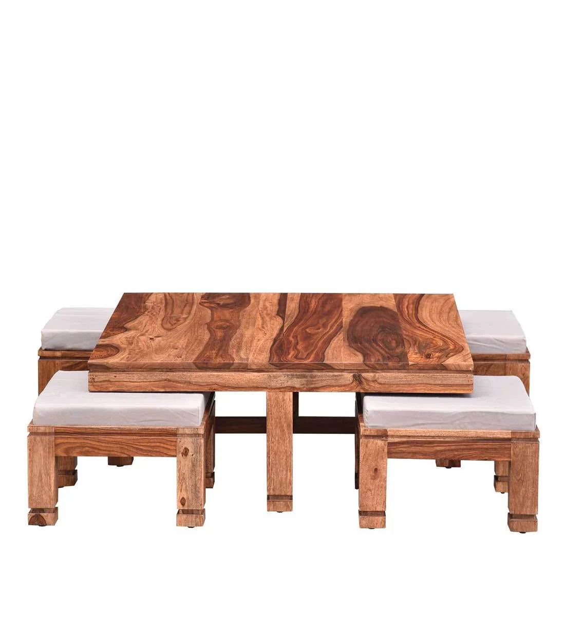 ADOUER WOOD Solid Sheesham Wood Coffee Table Set With 4 Setting Stool (Natural Finish)